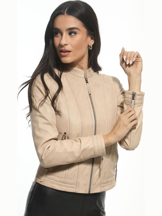 Emilia Women's Short Lifestyle Leather Jacket for Winter Beige