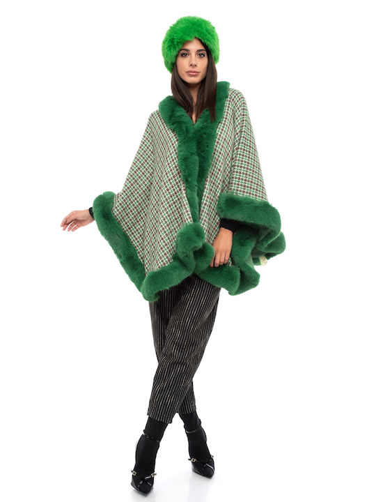 E-shopping Avenue Γυναικείο Καρό Πράσινο Παλτό με Γούνινες Λεπτομέρειες