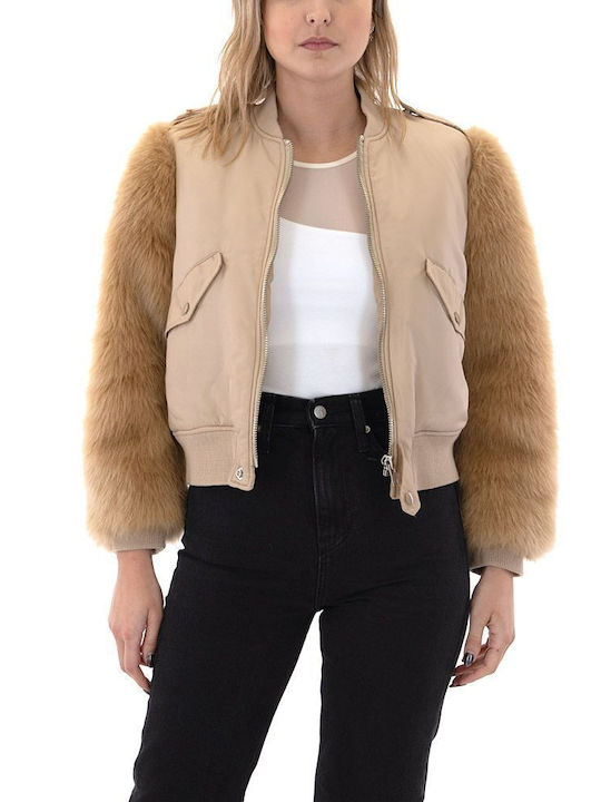 Kendall + Kylie Women's Short Bomber Jacket for Winter Beige