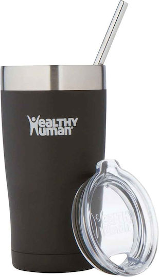 Healthy Human Cruiser Glass Thermos Stainless Steel BPA Free 591ml Black with Straw
