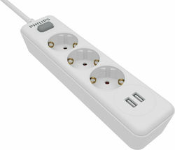 Philips Power Strip Securitate 3 Prize cu întrerupător, 3 sloturi USB și Cablu 1.5m White