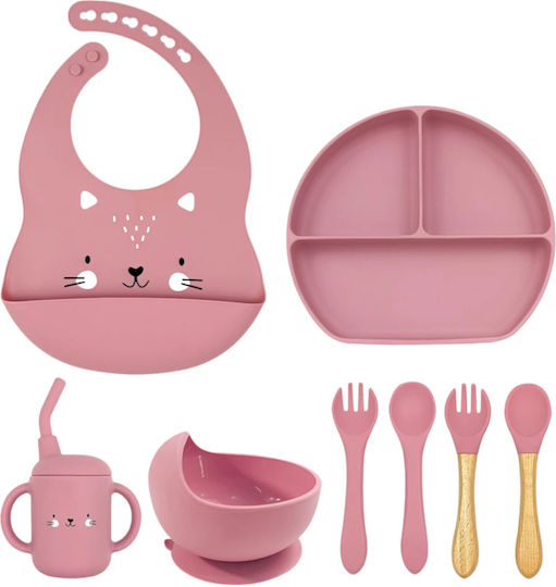 Queen Mother Cat Feeding Set Made of Silicone with Anti-Slip Pink Base 8 Pieces for 6+ Months