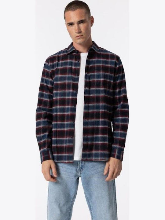 Long Sleeve Cotton Overshirt in Regular Fit Checked Navy Blue