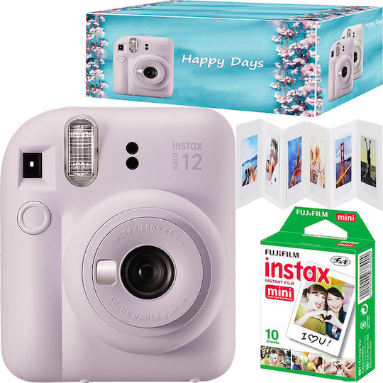 Fujifilm Instax Mini 12 Instant Φωτογραφική Μηχανή + 10 Φιλμ, Πλαίσιο Ακορντεόν & Κουτί Happy Days Lilac Purple
