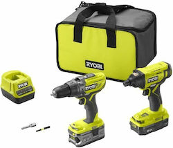 Ryobi Set Drill Driver & Impact Driver 18V with 2 2Ah - 5Ah Batteries and Case