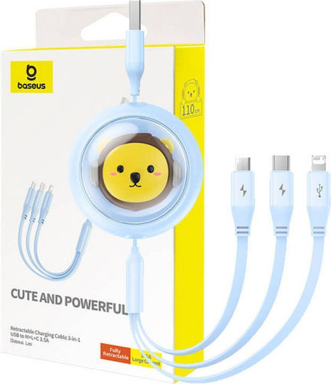 Baseus Flat / Retractable USB to Lightning / Type-C / micro USB Cable 3.5A Μπλε 1.1m