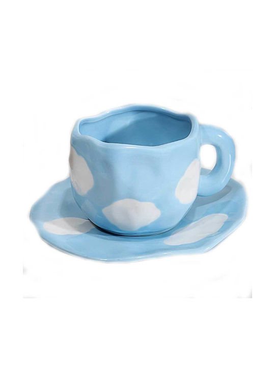 Disoza - Set de căni de cafea cu farfurie | Ceașcă albastră drăguță cu nori pe cer pentru femei | Cană de ceai și cafea cu farfurie 250 ml | Cană din ceramică pentru cadou