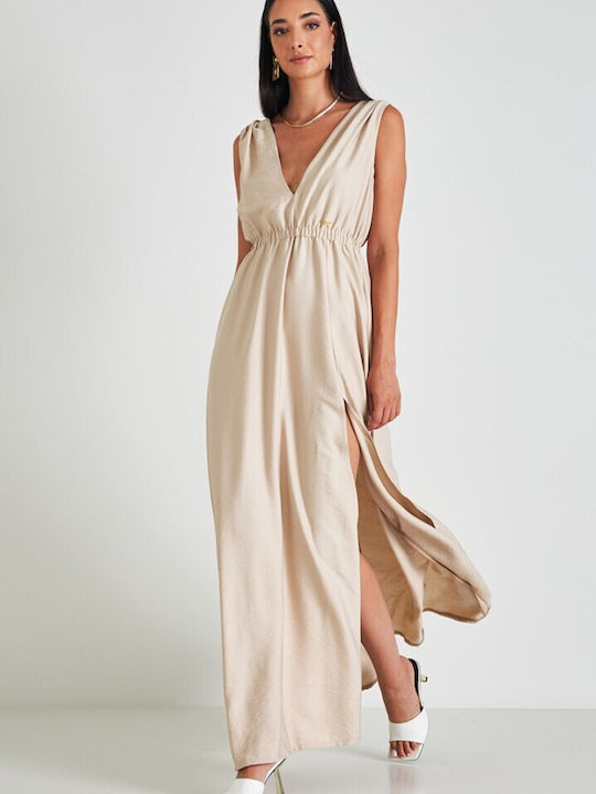 Cento Fashion Maxi Kleid mit Schlitz Beige