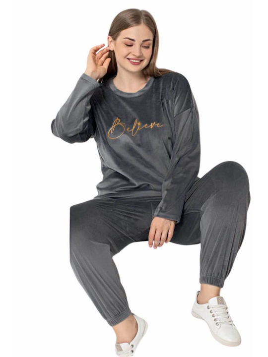 Lindros Winter Damen Pyjama-Set Baumwolle Anthracite