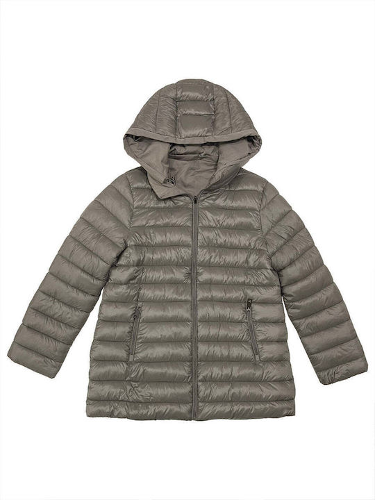 Ustyle Women's Short Puffer Jacket Double Sided for Winter with Hood CAFE