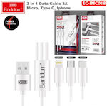 Earldom Regular USB to Lightning / Type-C / micro USB Cable 3A Λευκό 1.2m (EC-IMC018)