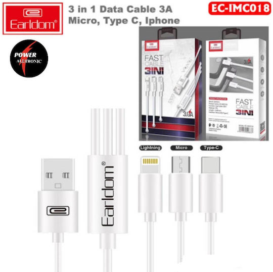 Earldom Редовна USB към Lightning / Type-C / micro USB Кабел 3Спецификация Бял 1.2м (EC-IMC018)