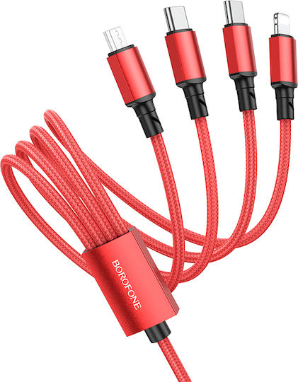 Borofone BX72 Braided Cablu USB la Lightning / Type-C / micro USB cu mai multe porturi 2A Roșu 1m