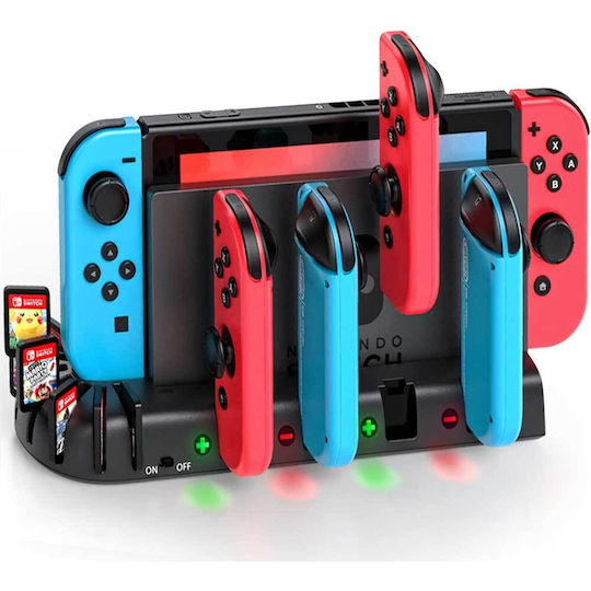 KDD 001 Βάση για 4 χειριστήρια Switch / Switch OLED Σταθμός φόρτισης χειριστηρίου | 8 θήκες αποθήκευσης παιχνιδιών Μαύρη 1000-42070154