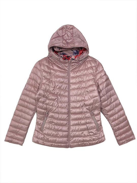 Ustyle Women's Short Puffer Jacket Double Sided for Winter with Hood Pink