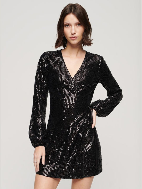 Superdry Dress Mini Βραδινό Φόρεμα Κρουαζέ Black & White
