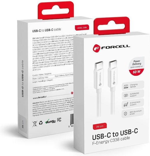 Forcell USB 3.2 USB-C Male - USB-C 60W PD White 0.25m Cable