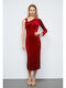Midi Evening Dress Velvet with Slit Red