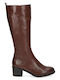 Leather Medium Heel Riding Boots with Rubber / Zipper Cognac Nappa