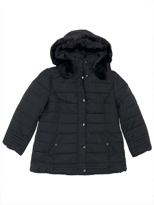 Women's Short Puffer Jacket for Winter with Detachable Hood Black