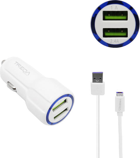 Treqa Car Charger 3.1A Fast Charging with one Port: 1xUSB with Cable Micro-USB White Color