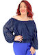 Plus Size Γυναικεία Μπλούζα Off-Shoulder Μακρυμάνικη Μπλε