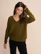 Arlie Women's Long Sleeve Sweater Woolen with V Neckline Green