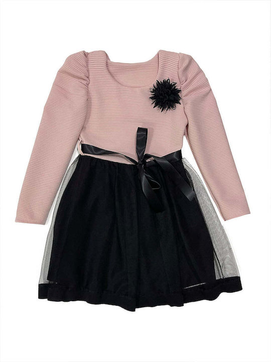 Ustyle Kids Dress Tulle Long Sleeve Pink