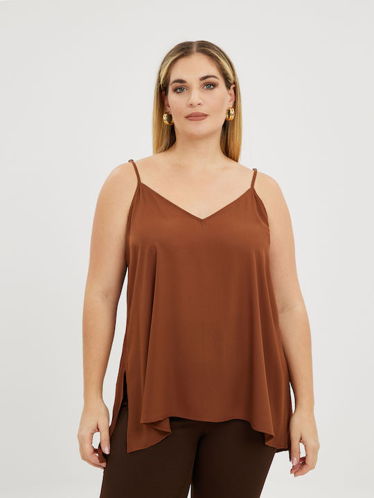 Mat Fashion Sleeveless Women's Blouse with V Neckline Brown