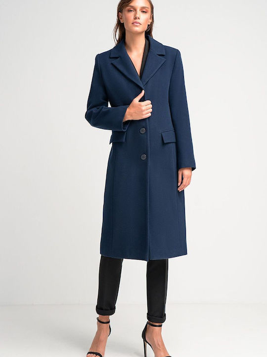 Fibes Women's Long Coat with Buttons BLUE
