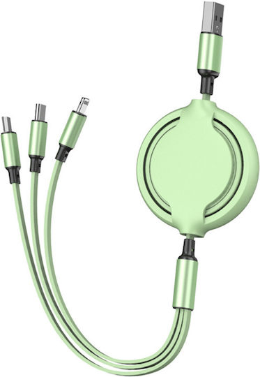 Flach / Ausziehbar USB zu Blitzschlag / Typ-C / Micro-USB Kabel Grün 1m (CO2-0110)