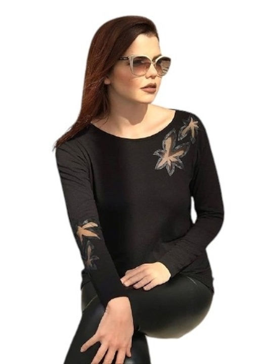 & Damen Bluse Langärmelig Blumen Schwarz