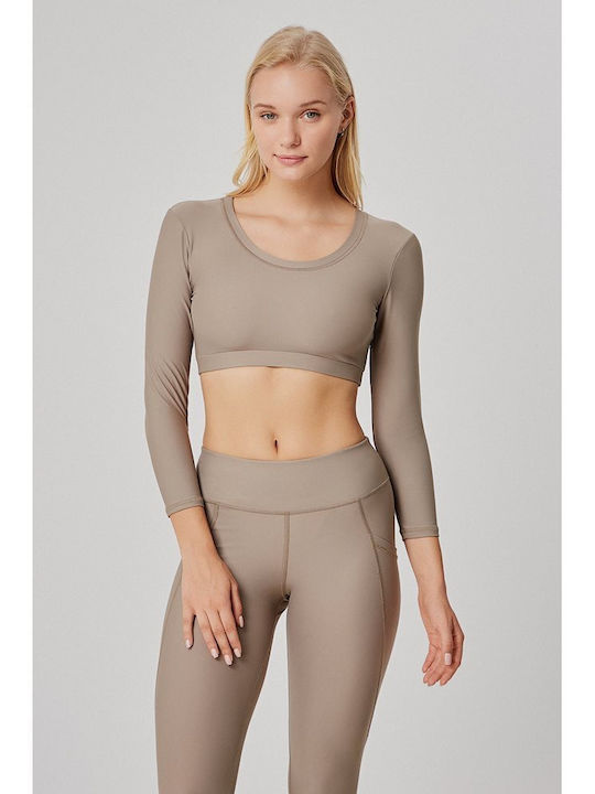 Baya Crop Top Sportiv pentru Femei cu Mâneci Lungi Bej