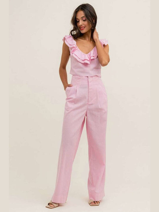 Rut & Circle Women's High Waist Linen Trousers Pink