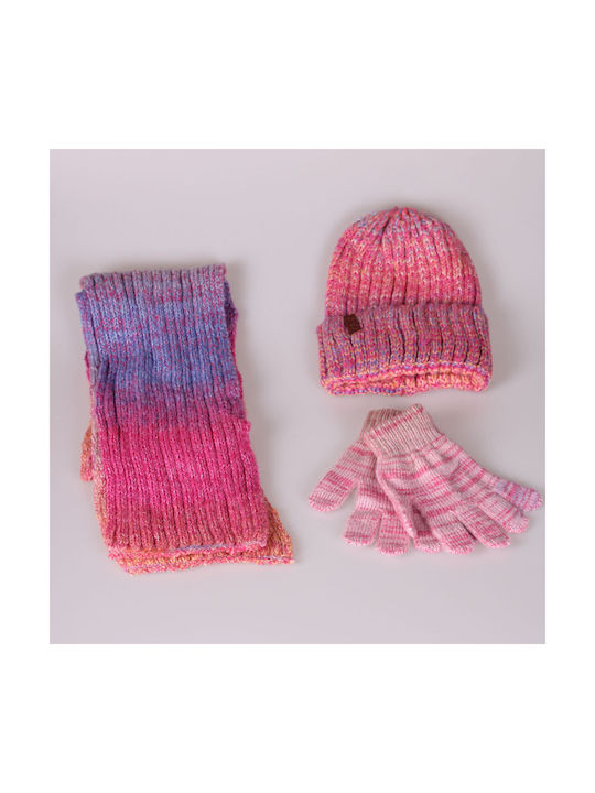 Kids Beanie Set with Scarf & Gloves Knitted Pink