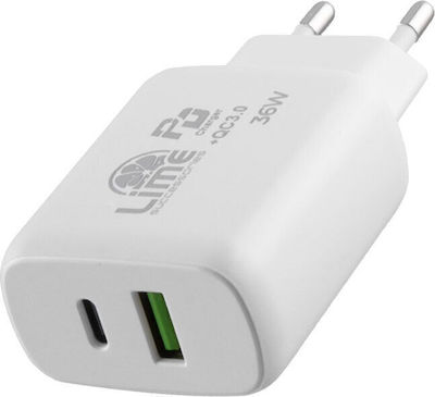 Lime Ladegerät ohne Kabel mit USB-A Anschluss und USB-C Anschluss 36W Stromlieferung / Schnellaufladung 3.0 Weißs (LTC36W)