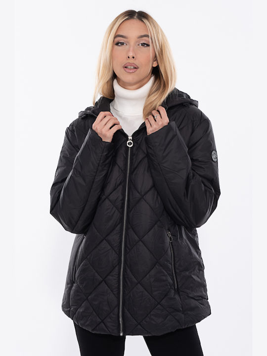 Navigazione Women's Short Puffer Jacket Waterproof for Winter with Hood BLACK