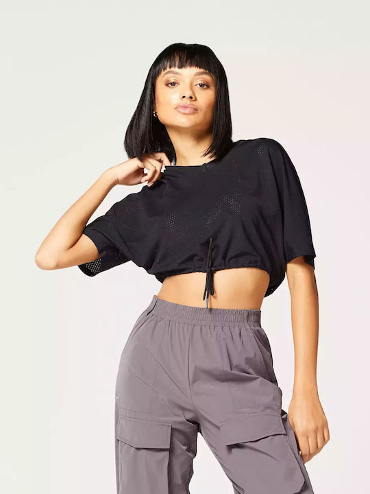 Squatwolf Damen Sport Crop Top Kurzärmelig Schwarz