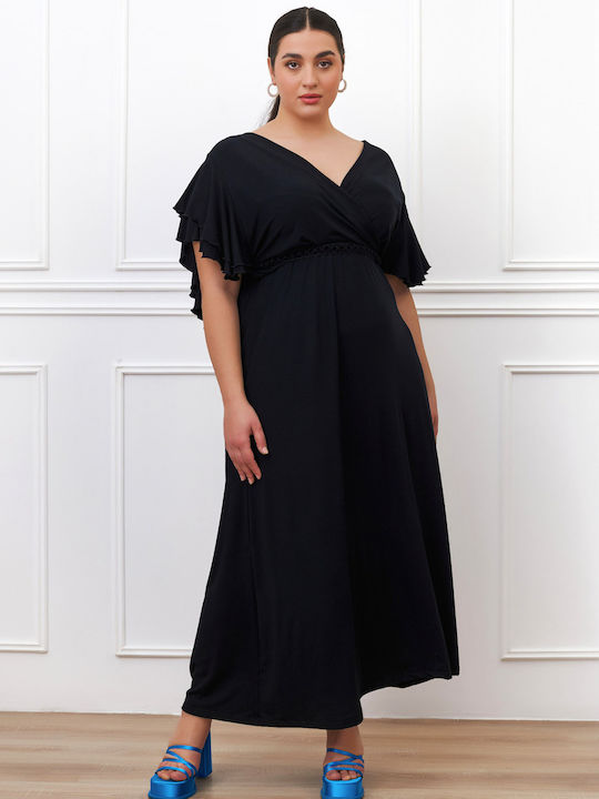 Jucita Maxi Φόρεμα Κρουαζέ με Βολάν Μαύρο