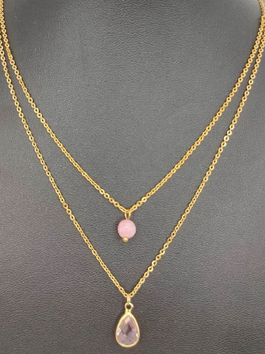 Kostibas Fashion Κολιέ Διπλό από Ροζ Επιχρυσωμένο Ατσάλι Ροζ