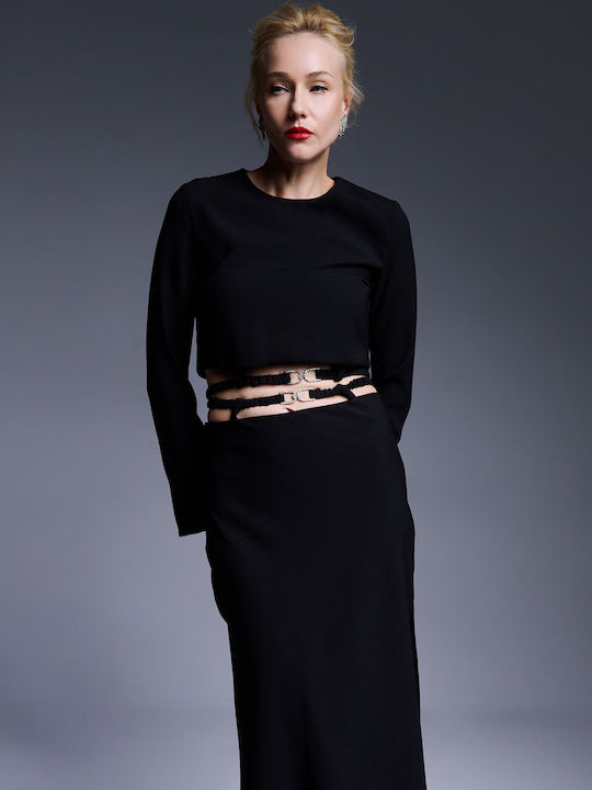 Vicolo Women's Crop Top Long Sleeve with Zipper Black