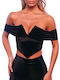 Γυναικεία Μπλούζα Βελούδινη Off-Shoulder Κοντομάνικη Μαύρο