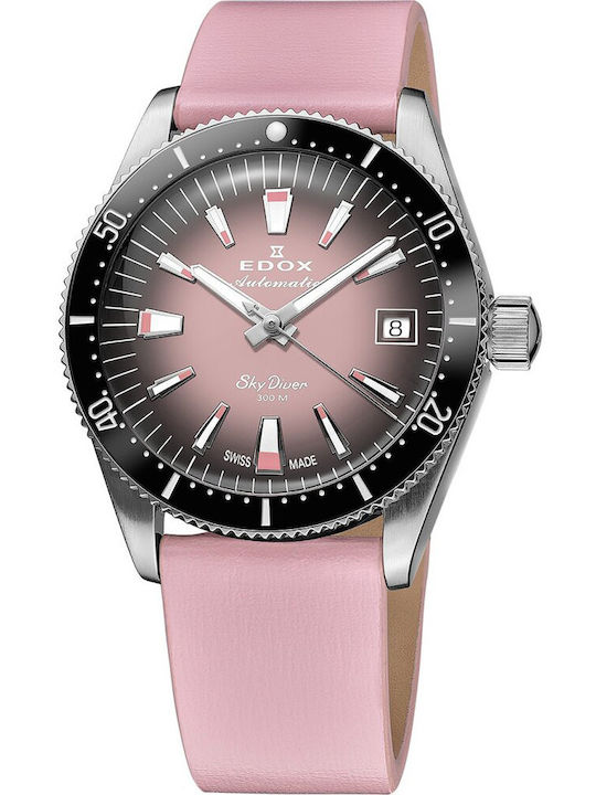 Edox Γυναικείο Ρολόι 38mm Αυτόματο με Ροζ Δερμάτινο Λουράκι