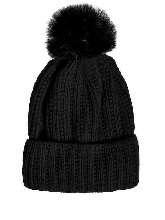 Pom Pom Beanie Unisex Σκούφος Πλεκτός σε Μαύρο χρώμα