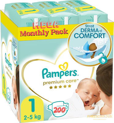 Pampers Premium Care Πάνες με Αυτοκόλλητο No. 1 για 2-5kg 200τμχ