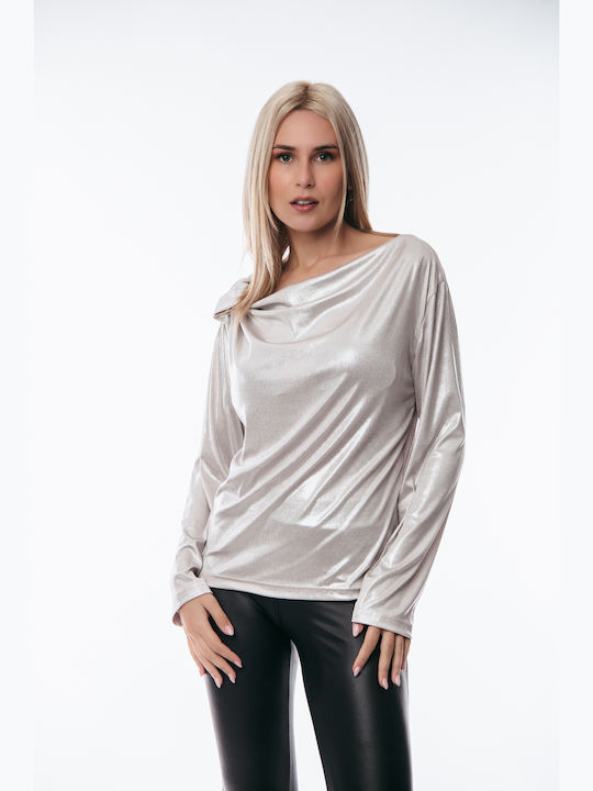 Boutique Damen Bluse Langärmelig Drapierung White