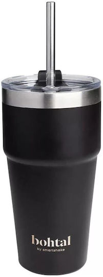 SmartShake Bohtal Glass Thermos Stainless Steel 600ml Black with Straw