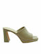 Caviar Leather Mules with Chunky High Heel in Green Color