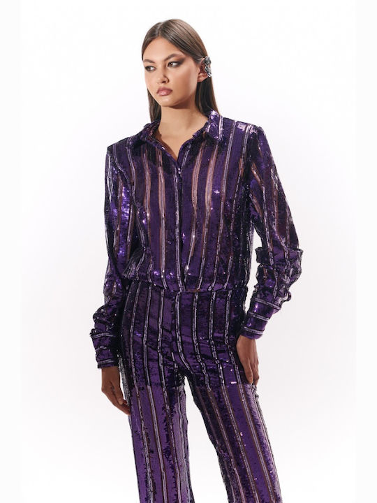 Studio 83 Women's Striped Long Sleeve Shirt Purple