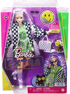 Barbie Crimped Lavender Hair and Pet Puppy, Checkered Jacket Puppe Extra für 3++ Jahre